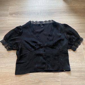 women’s black satin tee with lace detailing